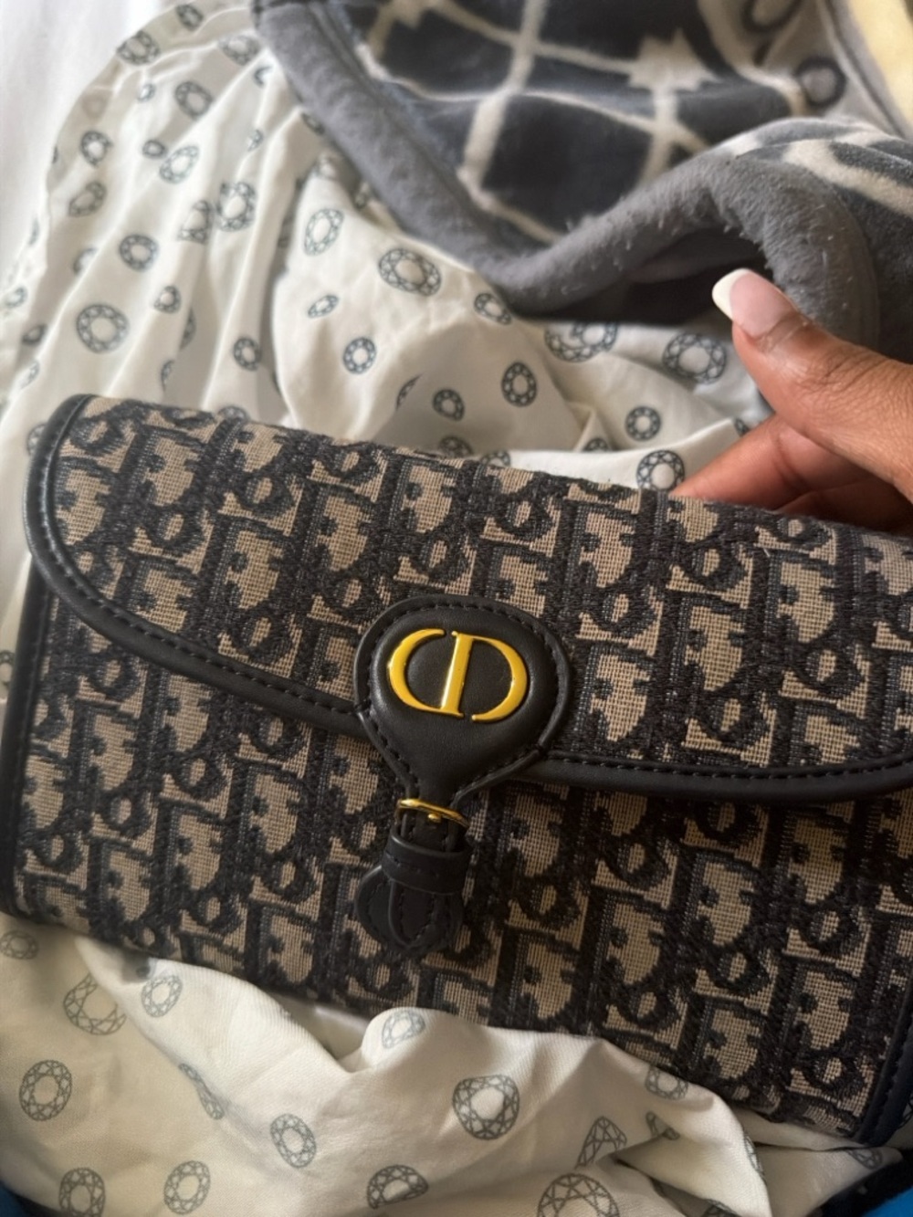 Dior Navy and Beige Monogram Crossbody Bag with Gold Tone Logo